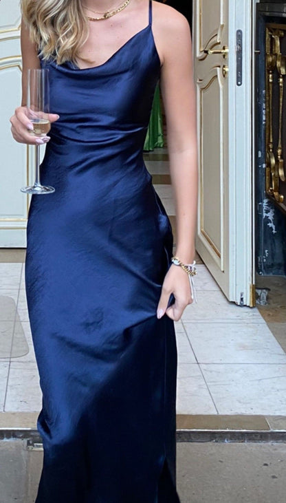 long blue silk dress Blue Satin Maxi Dress: V-neck Sleeveless With High Slit