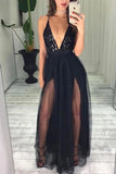 LTP0141,Sexy Black Spaghetti Straps Deep V Neck High Slit Tulle with Beads Prom Dresses