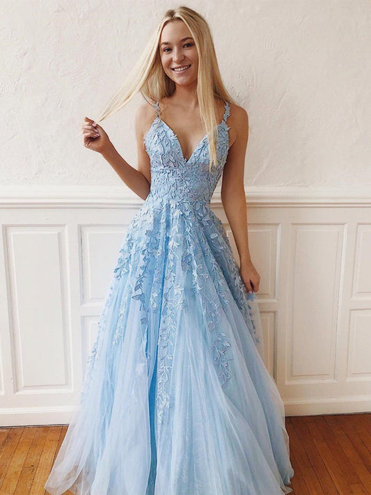 LTP0139,Light blue lace v neck sleeveless prom evening dresses