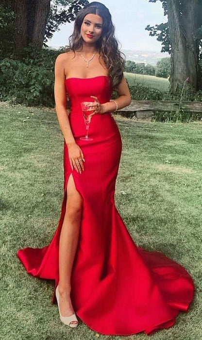 LTP0128,Red strapless mermaid satin trumpet long prom dress with side slit