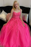 LTP1721,Open Back Hot Pink Tulle Lace Long Prom Dresses, Hot Pink Lace Formal Graduation Evening Dresses