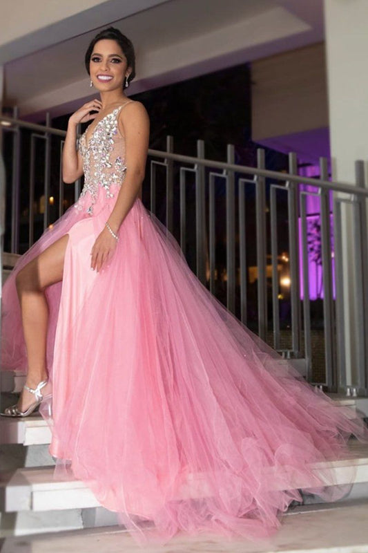 LTP0437,A Line V Neck Sequins Beaded Pink Prom Dresses with Slit Beaded Pink Formal Dresses Pink Evening Dresses