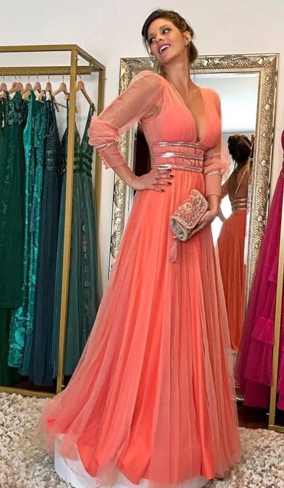 LTP1228,Coral A-Line Prom Dresses,Tulle V-Neck Evening Gown