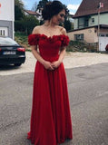 LTP0360,Red off the shoulder floral prom dresses chiffon full length evening dress