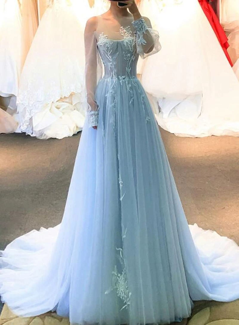 LTP0992,Baby blue tulle prom dresses applique a-line evening formal dress