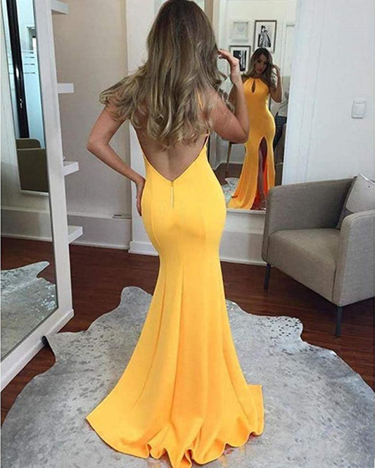 LTP0412,Yellow mermaid satin long prom dress backless sexy prom dresses