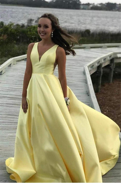 LTP0565,V-neck A-line Yellow Satin Long Prom Dresses Zipper Back Party Dresses