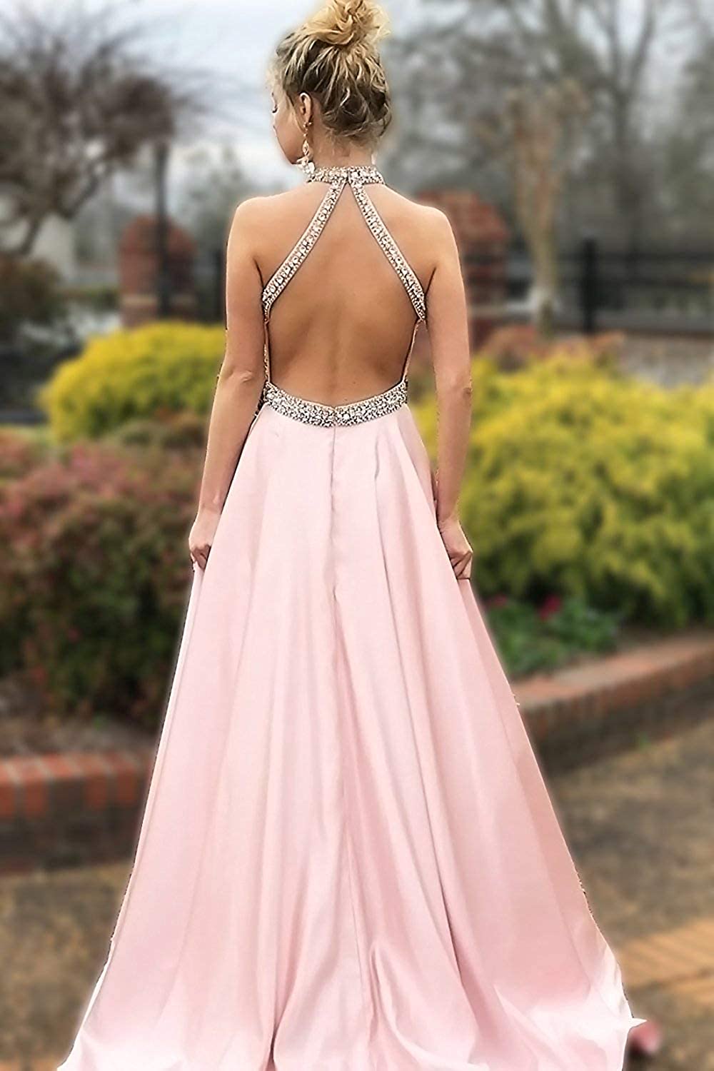 LTP0138,Pink evening dresses,halter prom dress,beaded long prom evening dresses,satin formal gown