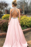 LTP0138,Pink evening dresses,halter prom dress,beaded long prom evening dresses,satin formal gown