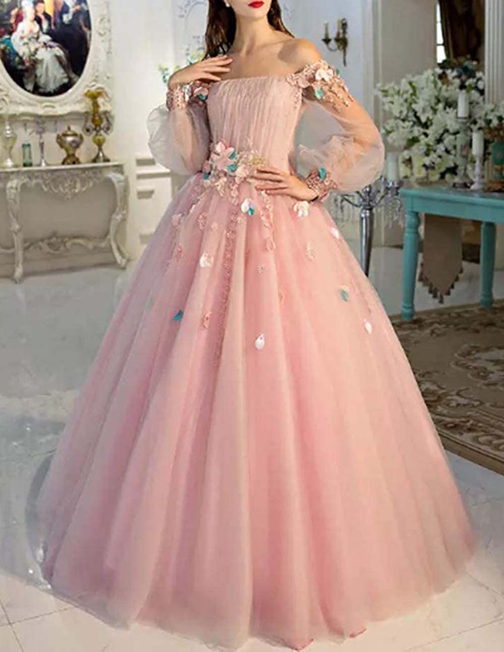 LTP1016,Long Sleeve Prom Dresses, Pearl Pink Ball Gown Long Floral Fai Laylatailor Shop LTP1016,Long Sleeve Prom Dresses, Pearl Pink Ball Gown Long Floral Fai Laylatailor Shop
