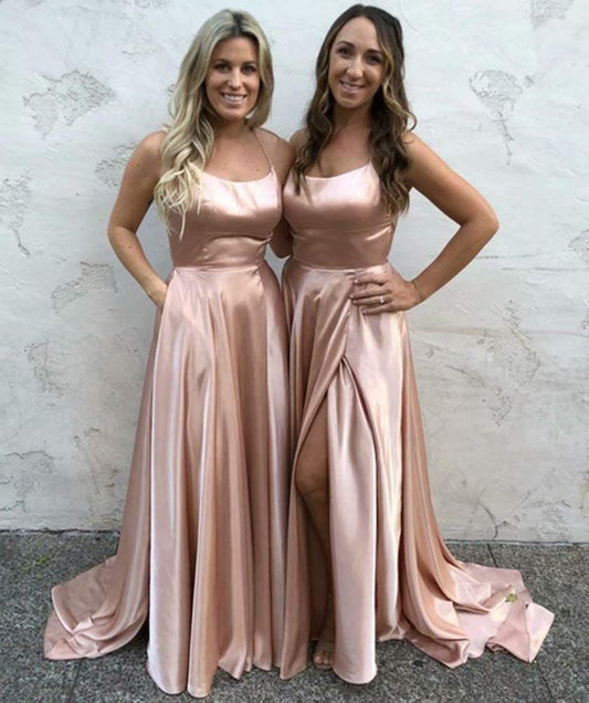 LTP0654,Simple Straps Champagne Long Prom Dress with Slit
