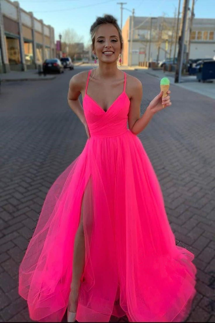 LTP0871,Hot pink tulle prom dresses spaghetti straps v-neck evening dress a-line split evening party gown
