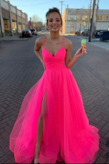 LTP0871,Hot pink tulle prom dresses spaghetti straps v-neck evening dress a-line split evening party gown