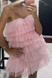 LTP1424,Tiered Tulle Pink Homecoming Dress, Princess Strapless Short Prom Dress