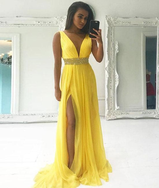 LTP0263,Sexy V-Neck Long Prom Dress Chiffon Sleeveless Split Evening Prom Dresses