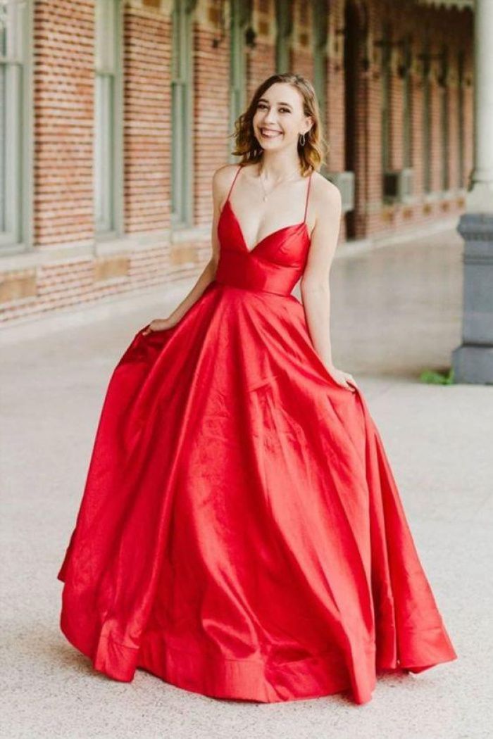 LTP1305,Red Formal Satin Dress A-line Floor Length Simply Sexy Prom Dress