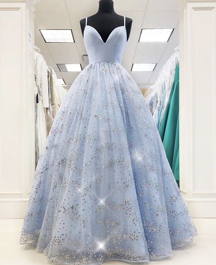 LTP1033,Charming Tulle V neck Blue Starry Sequin Prom Dress, Long A-Line Evening Dress