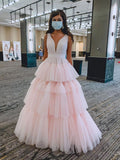 LTP1037,Princess light pink tulle prom dresses,v-neck evening dress