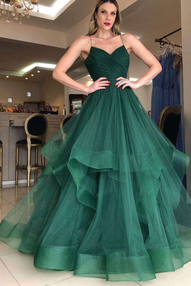 LTP1183,Emerald Green Tulle Prom Dresses,Ruffles A-Line Birthday Gown