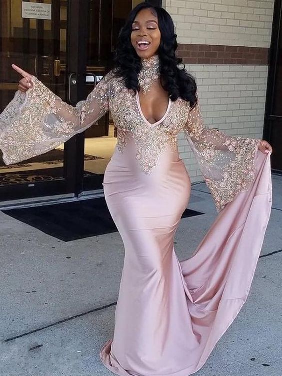 LTP0159,Deep V Neck Blushing Pink Long Sleeve Appliques Lace Sheer Mermaid Satin Prom Dresses