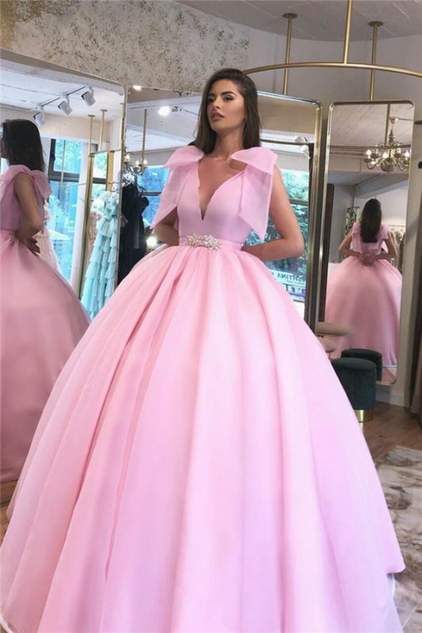 LTP0840,Pink ball gown v-neck beaded prom dresses pink evening dress sweet 16 dress