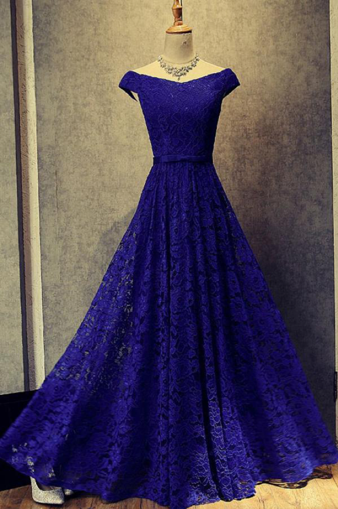 LTP0369,Blue off the shoulder lace prom dresses a line evening dress