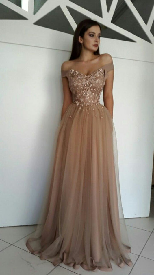 LTP0134,Off Shoulder Lace Beaded Cheap Long Evening Prom Dresses