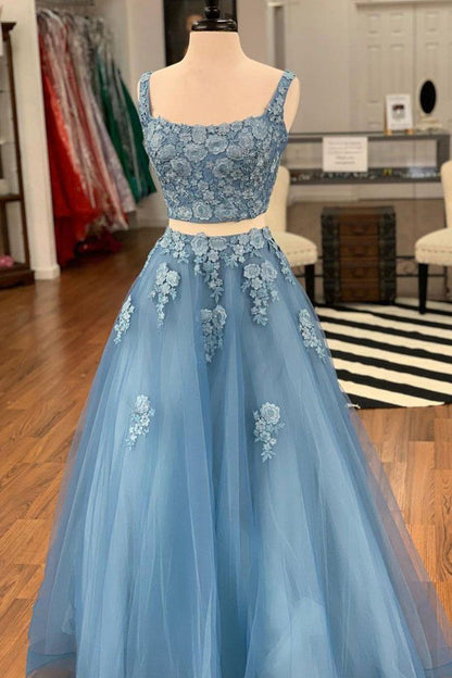 LTP1004,Blue prom dresses applique tulle a-line evening formal dress