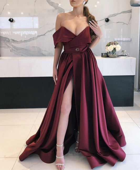 LTP0988,Off the shoulder burgundy prom dresses side slit evening prom dress satin formal gown