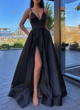LTP0149,A-line Black Satin Spaghetti Straps Prom Dresses Online V-Neck Evening Dress Cheap Party Dress With Side Slit