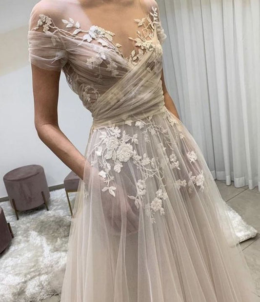 LTP0927,Light champagne tulle lace long prom dress, lace evening dress