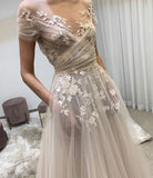 LTP0927,Light champagne tulle lace long prom dress, lace evening dress