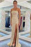 LTP1350,Gold Sequin Strapless Backless Mermaid Prom Dress