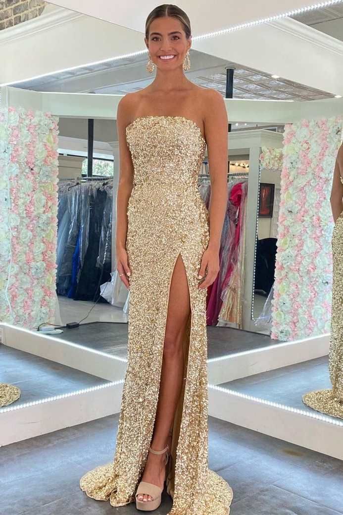 LTP1350,Gold Sequin Strapless Backless Mermaid Prom Dress