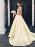 LTP0258,Yellow A Line V Neck Satin Long Prom Dresses V Neck Backless Yellow Satin Wedding Dresses Formal Dresses