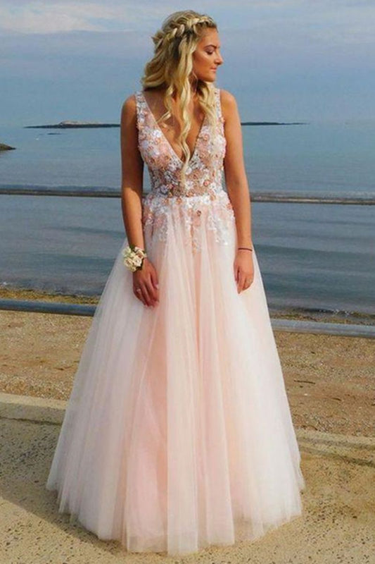 LTP0132,Princess pink tulle v neck applique prom evening dress