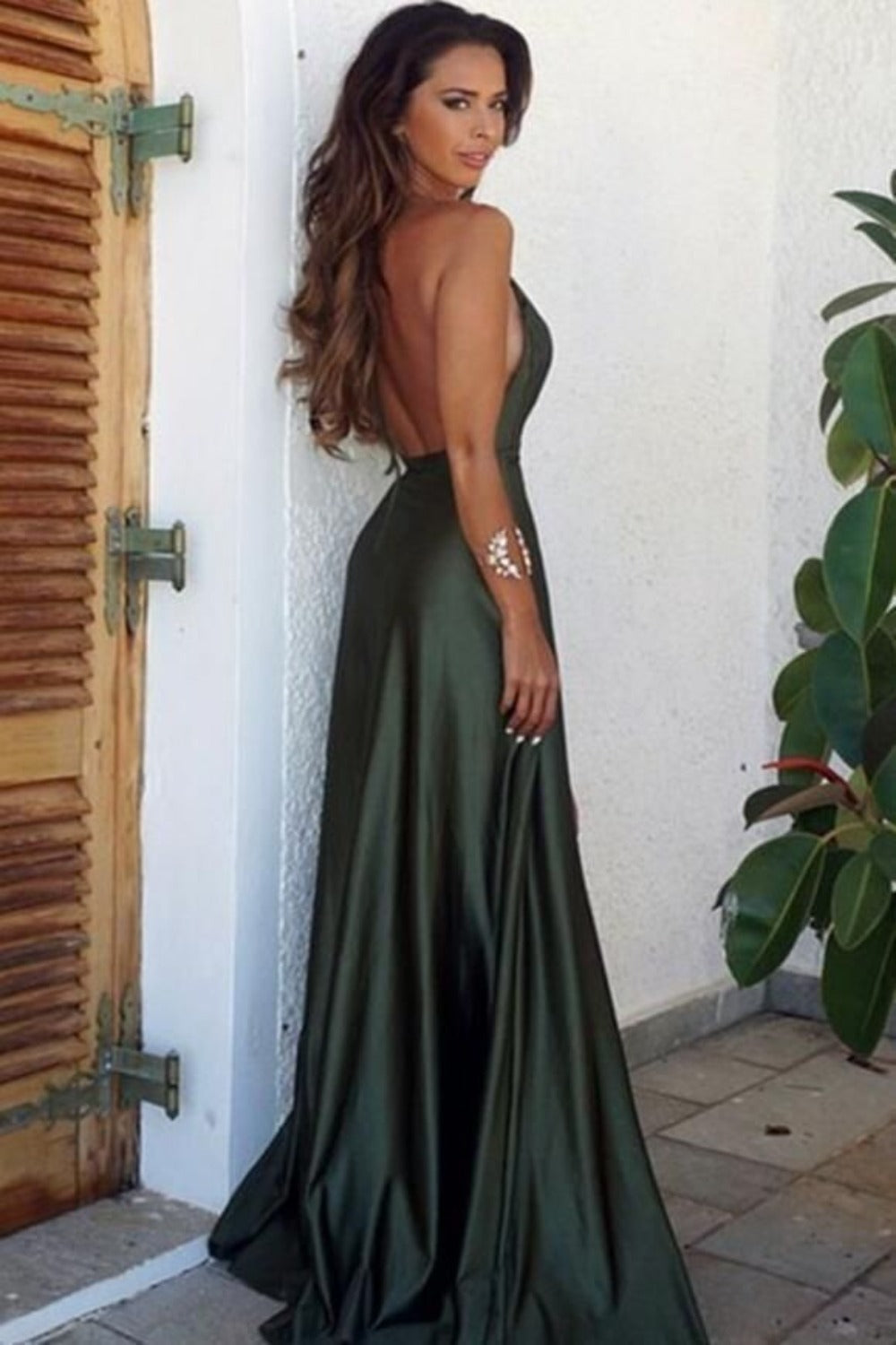 LTP1573,Olivia Green Satin Long Prom Dresses,Backless Evening Party Dress