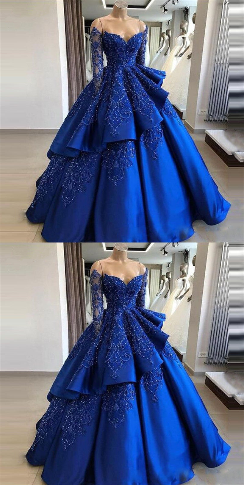 LTP0599,Charming royal blue prom dresses beaded long sleeves sweet 16 ball gown