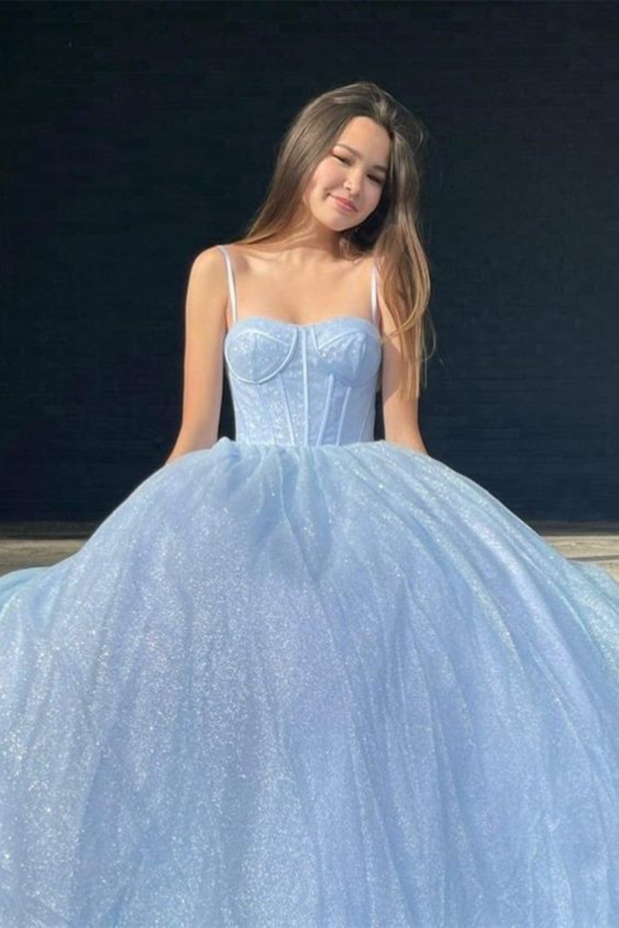 LTP0962,Baby blue sparkle a line prom dresses spaghetti straps sequin evening dress