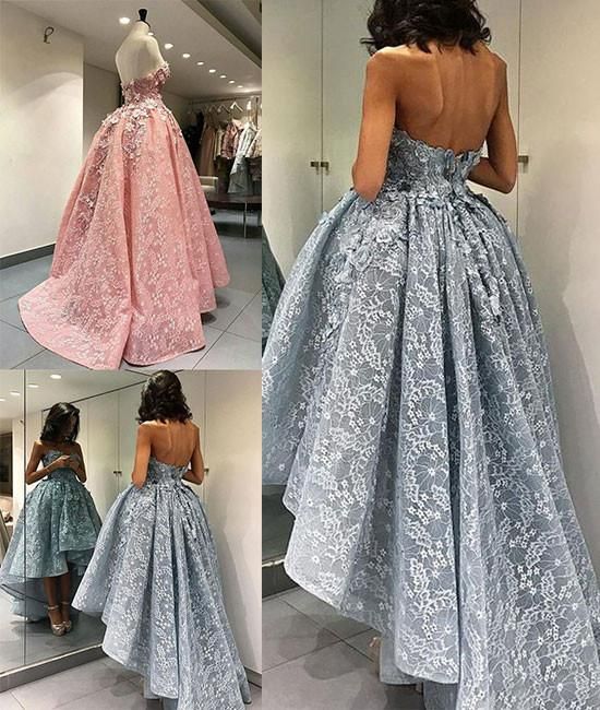 LTP0118,Grey Blue Lace Homecoming Dress High Low Prom Dress