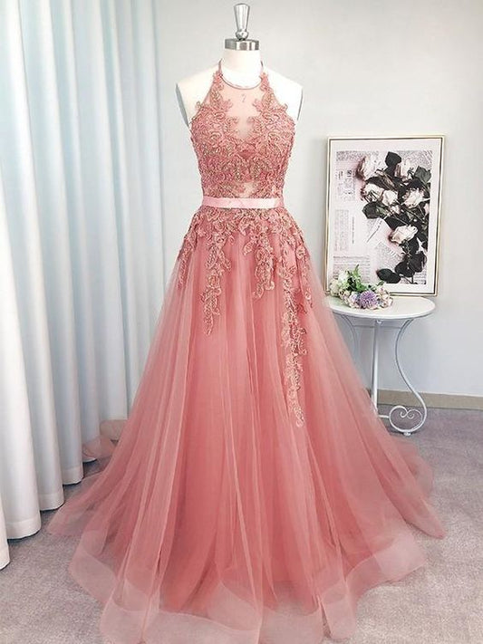 LTP0228,A-Line/Princess Sleeveless Tulle Halter Applique Sweep/Brush Train Dresses