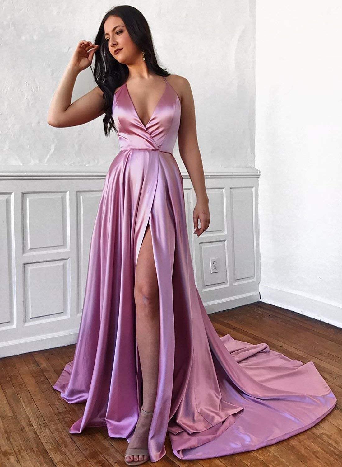 LTP0414,Discount Pink Satin Evening Dresses V-neck Long Prom Dresses Long Slit Prom Evening Dress