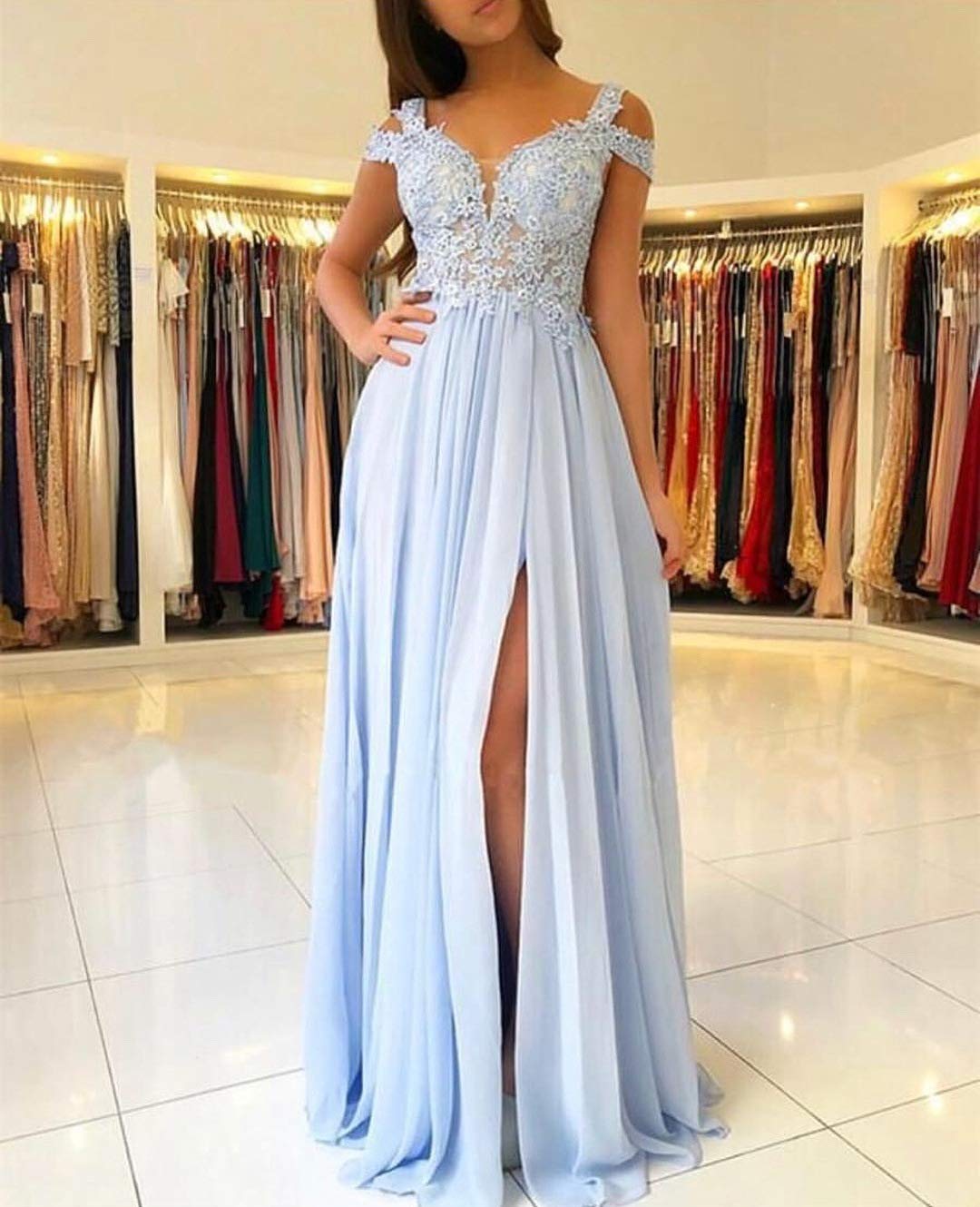 LTP0106,Light blue applique off the shoulder chiffon long prom dress,evening dresses long with split