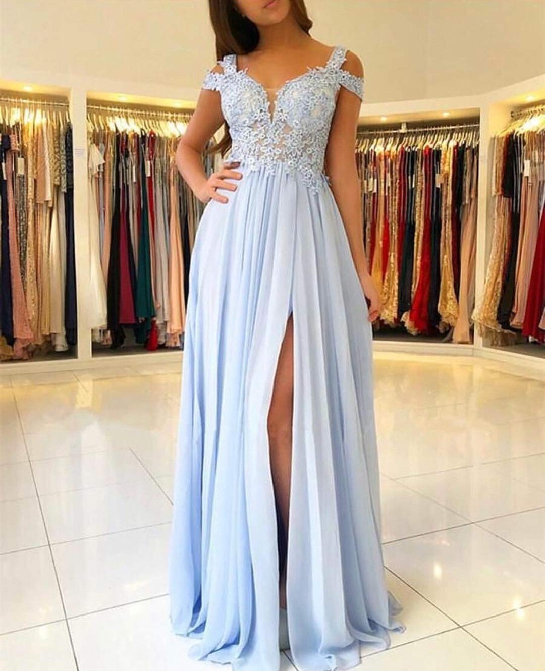 LTP0106,Light blue applique off the shoulder chiffon long prom dress,e