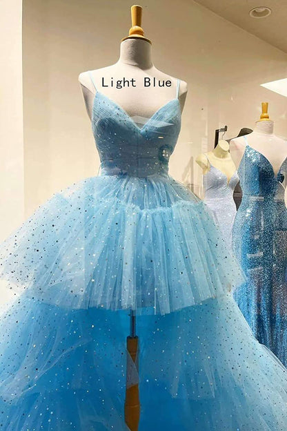 LTP1051,Glitter Hi-Low Lavender Tiered Tulle Prom Dress