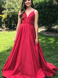 LTP0327,Red Spaghetti Straps V-Neck Long Prom Dresses Ball Gown Simple Winter Party Dress