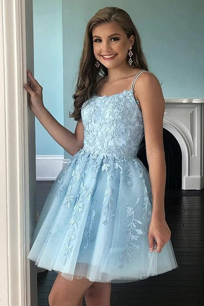 LTP1403,A Line Light Blue Tulle Homecoming Dress With Lace Appliques,Short Prom Dress