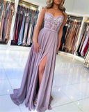 LTP0115,Pink spaghetti straps lace top chiffon skirt long prom dress