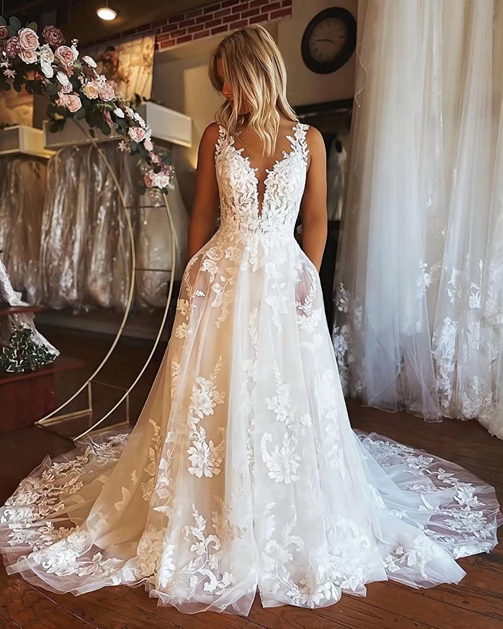 V-neck White Lace Wedding Party Dress