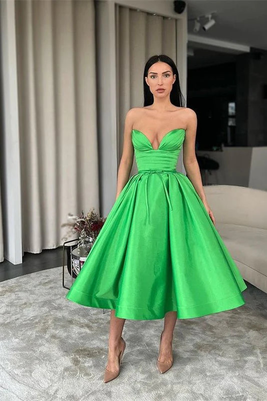 LTP1270, Green Sleeveless Tea Length Satin Prom Dresses, A-Line Evening Party Gown